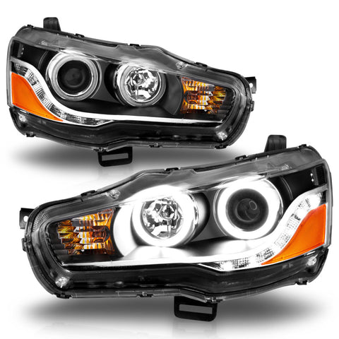 ANZO 2008-2015 Mitsubishi Lancer Projector Headlights w/ Halo Black (CCFL) - 121428