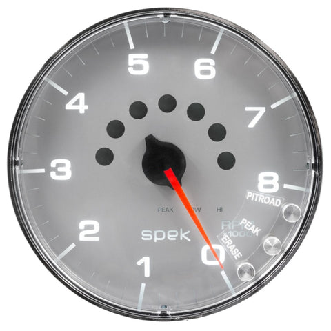 Autometer Spek-Pro Gauge Tachometer 5in 8K Rpm W/Shift Light & Peak Mem Silver/Chrome - P238218