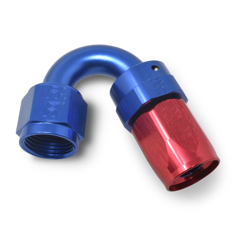 Russell Performance -10 AN Red/Blue 150 Degree Full Flow Swivel Hose End (With 15/16in Radius) - 613470