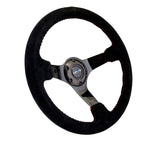 NRG Reinforced Steering Wheel (350mm / 3in. Deep) Blk Suede w/Red BBall Stitch & Black 3-Spoke - RST-036BK-S