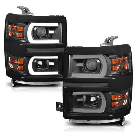 ANZO 14-15 Chevrolet Silverado 1500 Projector Headlights w/ Plank Style Switchback Black w/ Amber - 111412