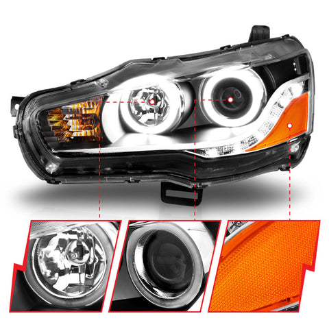 ANZO 2008-2015 Mitsubishi Lancer Projector Headlights w/ Halo Black (CCFL) - 121428