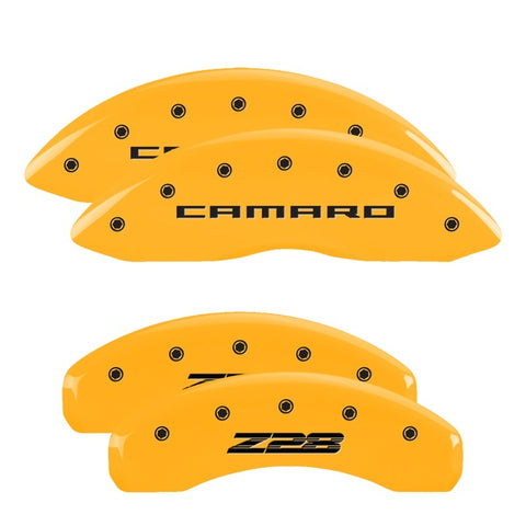 MGP 4 Caliper Covers Engraved Front Gen 5/Camaro Engraved Rear Gen 5/Z28 Yellow finish black ch - 14036SZ85YL