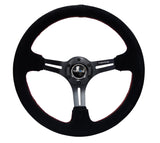 NRG Reinforced Steering Wheel (350mm / 3in. Deep) Blk Suede w/Red Stitching & 5mm Spokes w/Slits - RST-018S-RS