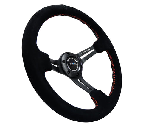 NRG Reinforced Steering Wheel (350mm / 3in. Deep) Blk Suede w/Red Stitching & 5mm Spokes w/Slits - RST-018S-RS