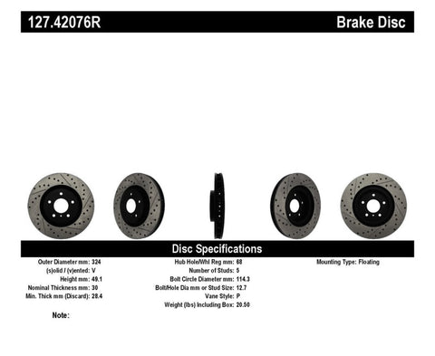 StopTech Slotted & Drilled Sport Brake Rotor - 127.42076R