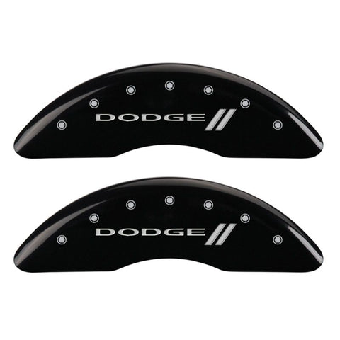 MGP 4 Caliper Covers Engraved Front & Rear With stripes/Dodge Black finish silver ch - 12124SDD3BK