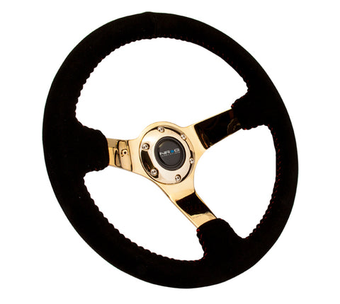 NRG Reinforced Steering Wheel (350mm / 3in. Deep) Blk Suede w/Red BBall Stitch & Chrome Gold 3-Spoke - RST-036GD-S