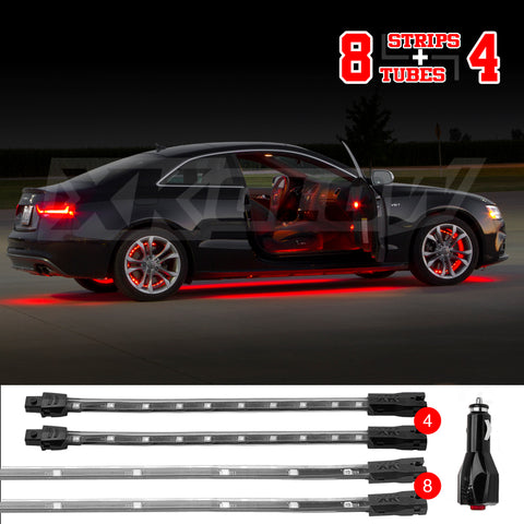 XK Glow Single Color XKGLOW UnderglowLED Accent Light Car/Truck Kit Red - 8x24In Tube + 4x8In Strip - XK041005-R