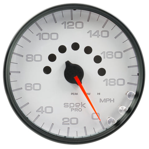 Autometer Spek-Pro Gauge Speedometer 5in 180 Mph Elec. Programmable White/Black - P23012