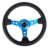 NRG Reinforced Steering Wheel (350mm / 3in. Deep) Blk Leather w/Blue Circle Cutout Spokes - RST-006BL