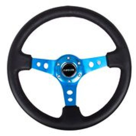 NRG Reinforced Steering Wheel (350mm / 3in. Deep) Blk Leather w/Blue Circle Cutout Spokes - RST-006BL